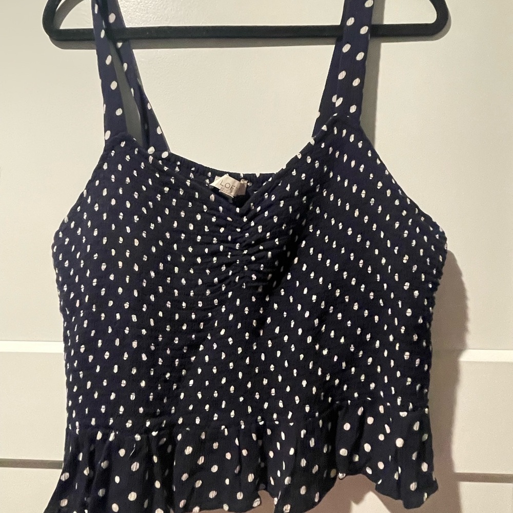 LOFT Navy White Polka Dot Smocked Peplum Camisole